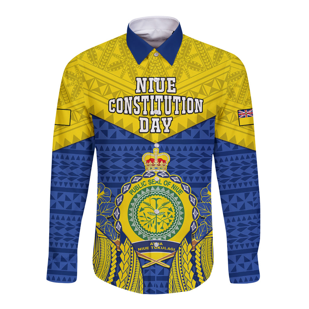 Personalized Niue Constitution Day Long Sleeve Button Shirt Coat Of Arms Niuean Hiapo Pattern LT05 Unisex Yellow - Polynesian Pride