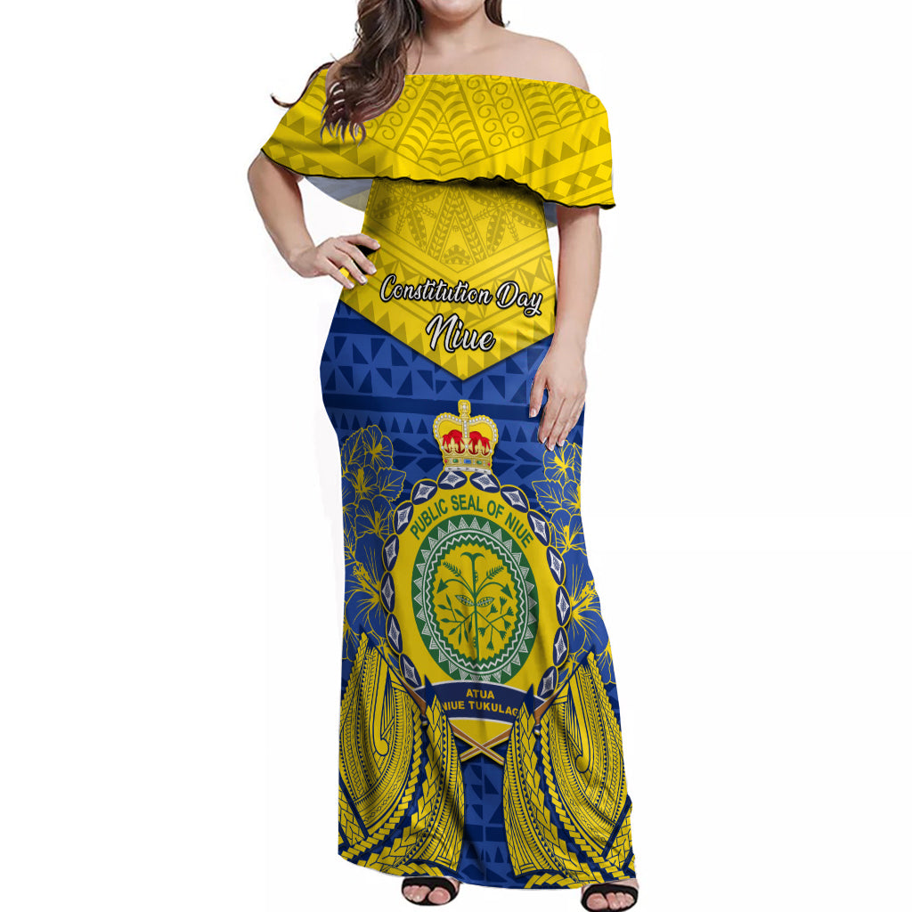 Personalized Niue Constitution Day Off Shoulder Maxi Dress Coat Of Arms Niuean Hiapo Pattern LT05 Women Yellow - Polynesian Pride