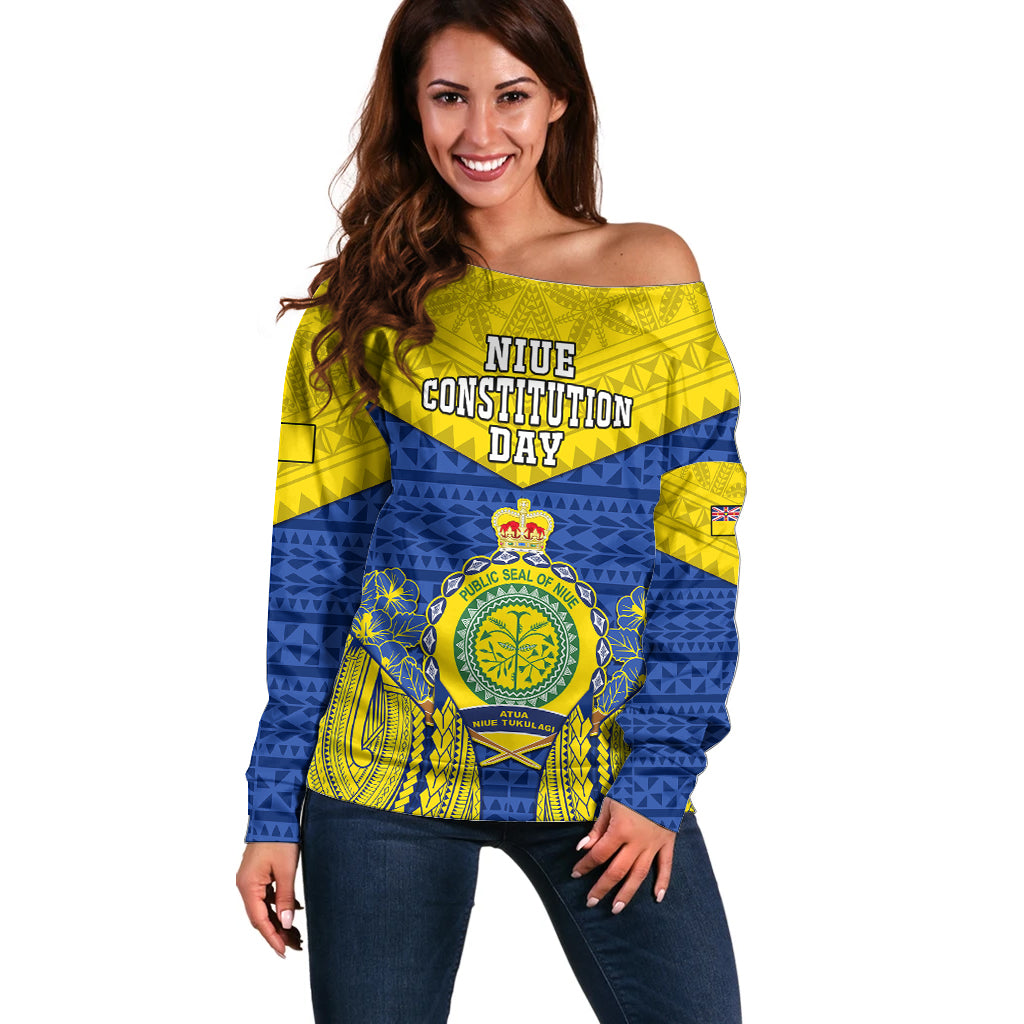 Personalized Niue Constitution Day Off Shoulder Sweater Coat Of Arms Niuean Hiapo Pattern LT05 Women Yellow - Polynesian Pride