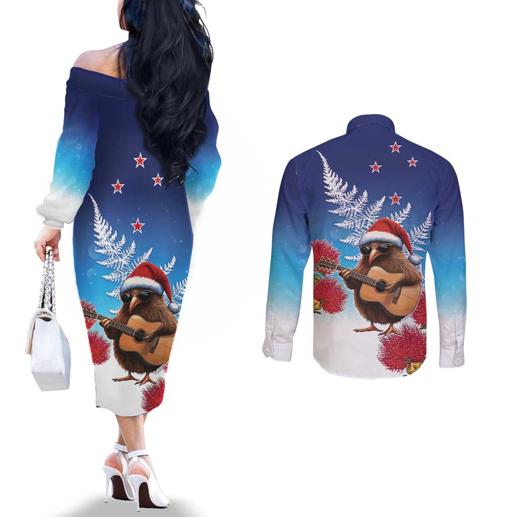 New Zealand Kiwi Christmas Couples Matching Off The Shoulder Long Sleeve Dress and Long Sleeve Button Shirt Xmas Vibe