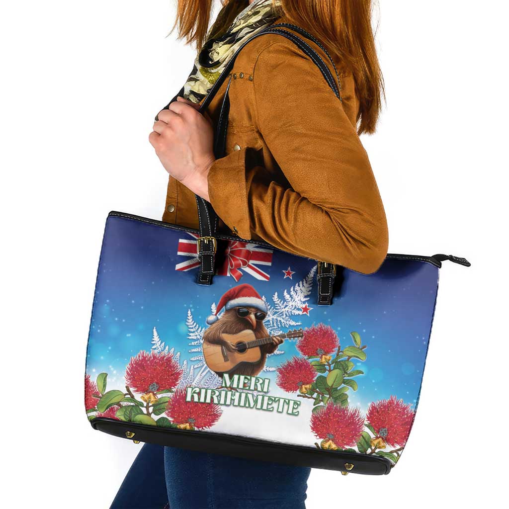 New Zealand Kiwi Christmas Leather Tote Bag Xmas Vibe LT05 Blue - Polynesian Pride
