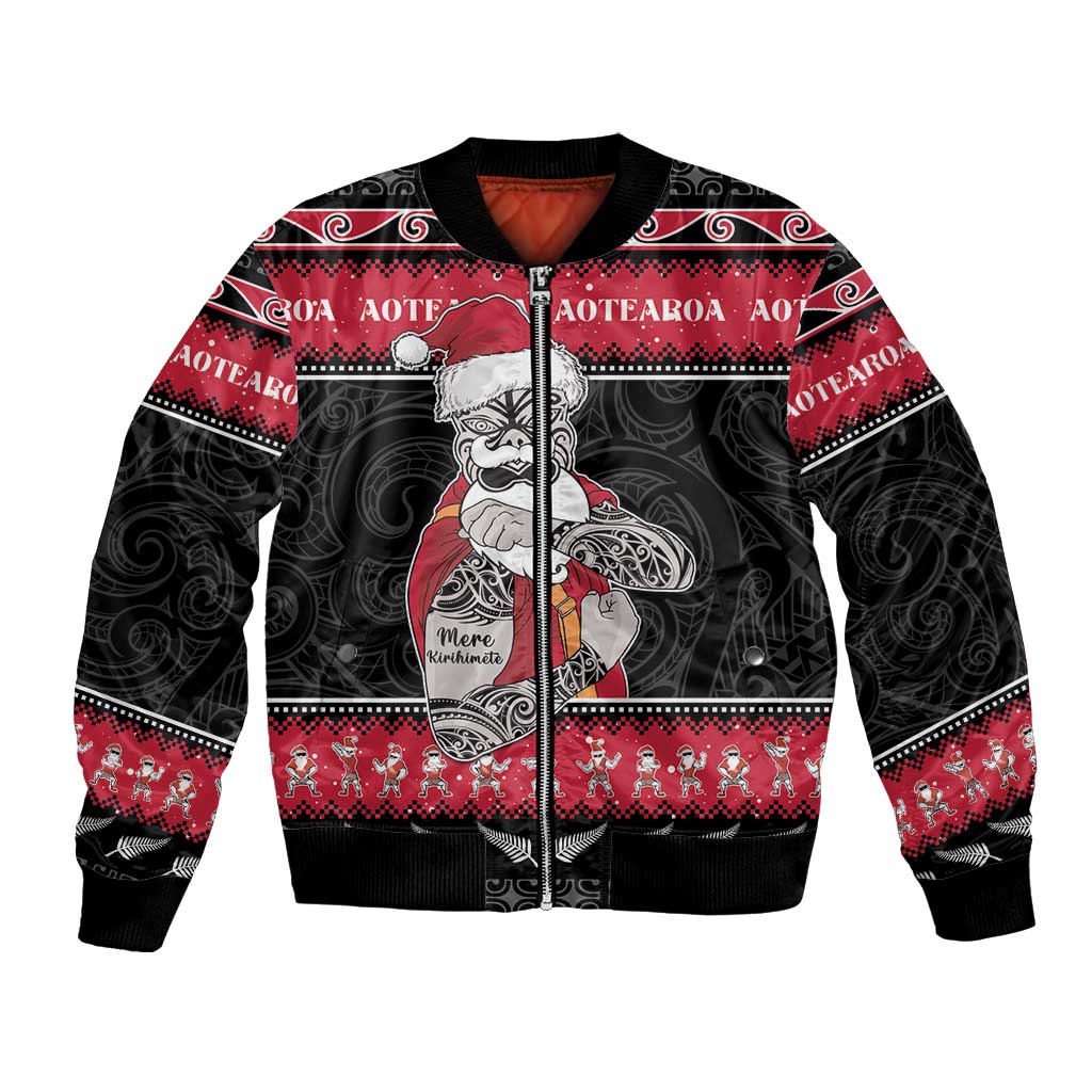 New Zealand Santa Tiki Christmas Bomber Jacket Meri Kirihimete LT05 Unisex Black - Polynesian Pride