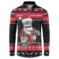 New Zealand Santa Tiki Christmas Button Sweatshirt Meri Kirihimete