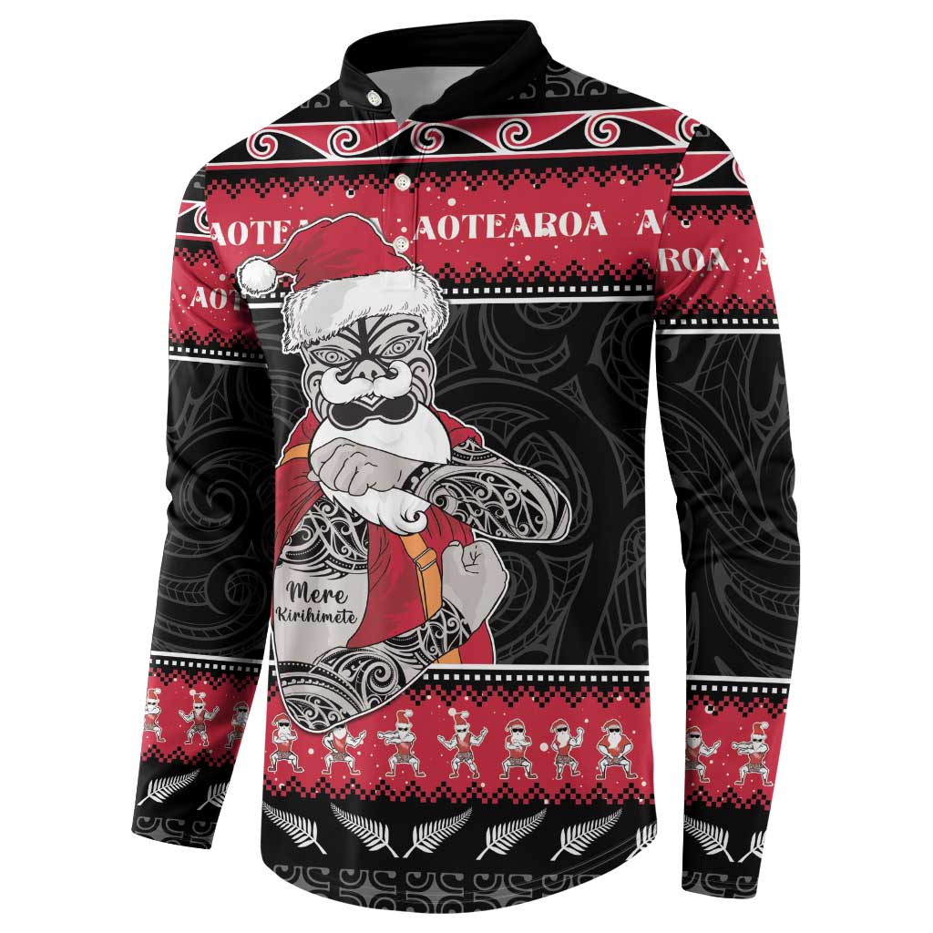 New Zealand Santa Tiki Christmas Button Sweatshirt Meri Kirihimete
