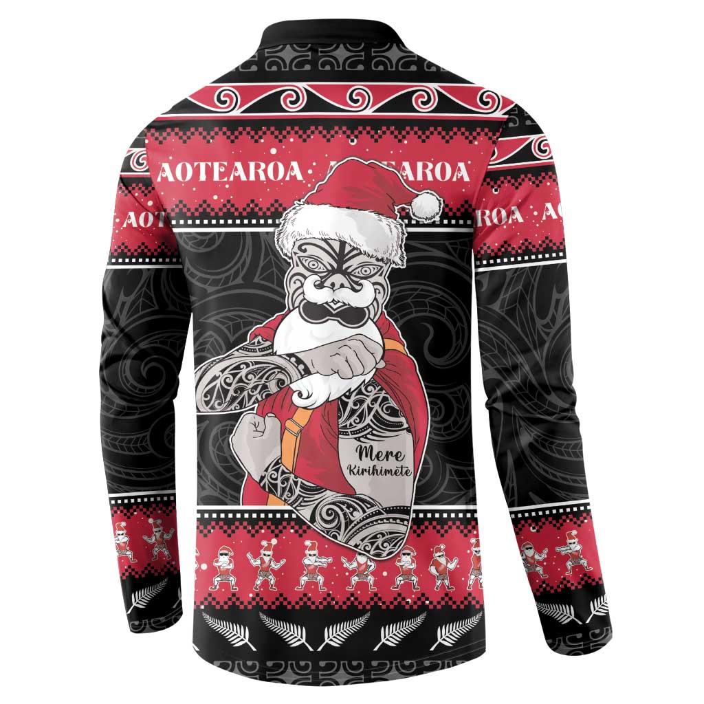 New Zealand Santa Tiki Christmas Button Sweatshirt Meri Kirihimete