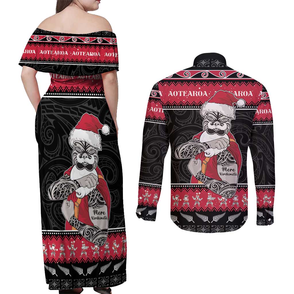 New Zealand Santa Tiki Christmas Couples Matching Off Shoulder Maxi Dress and Long Sleeve Button Shirt Meri Kirihimete