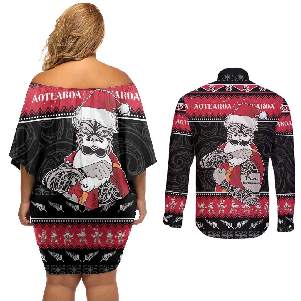 New Zealand Santa Tiki Christmas Couples Matching Off Shoulder Short Dress and Long Sleeve Button Shirt Meri Kirihimete
