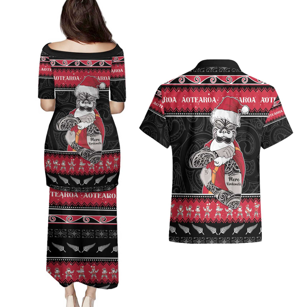 New Zealand Santa Tiki Christmas Couples Matching Puletasi and Hawaiian Shirt Meri Kirihimete