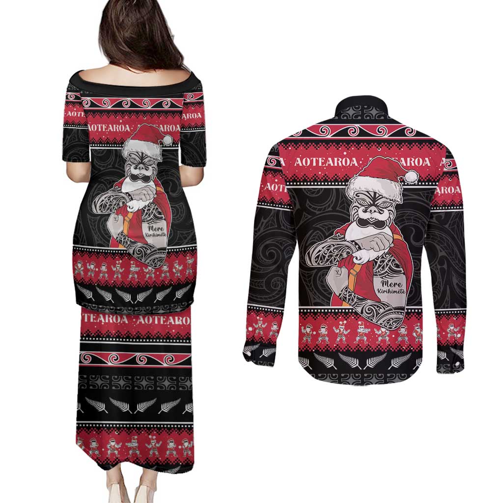 New Zealand Santa Tiki Christmas Couples Matching Puletasi and Long Sleeve Button Shirt Meri Kirihimete
