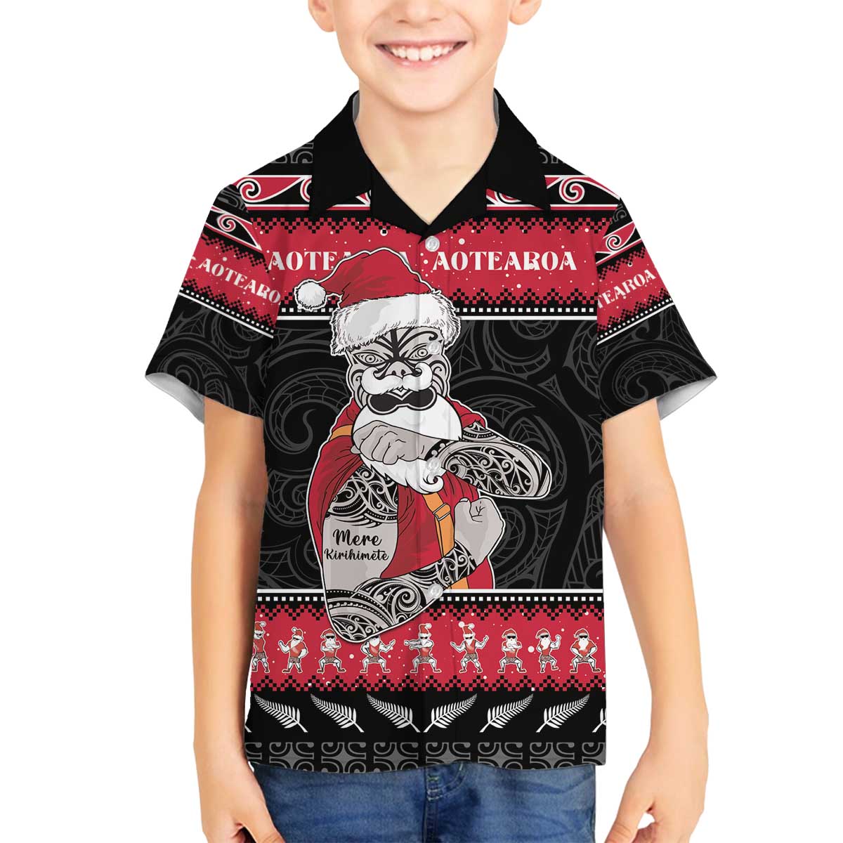 New Zealand Santa Tiki Christmas Family Matching Off The Shoulder Long Sleeve Dress and Hawaiian Shirt Meri Kirihimete