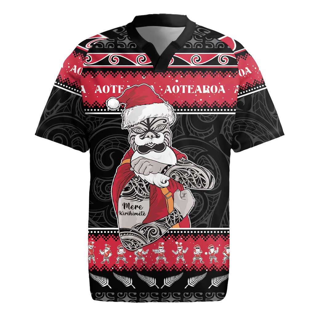 New Zealand Santa Tiki Christmas Rugby Jersey Meri Kirihimete