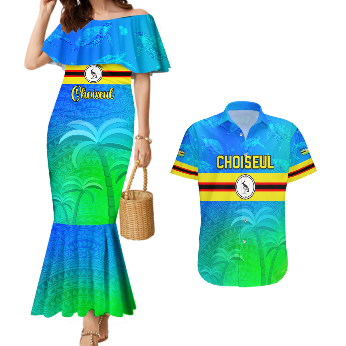 Personalised Solomon Islands Choiseul Province Day Couples Matching Mermaid Dress and Hawaiian Shirt Sea Turtle Tribal Pattern LT05 Blue - Polynesian Pride