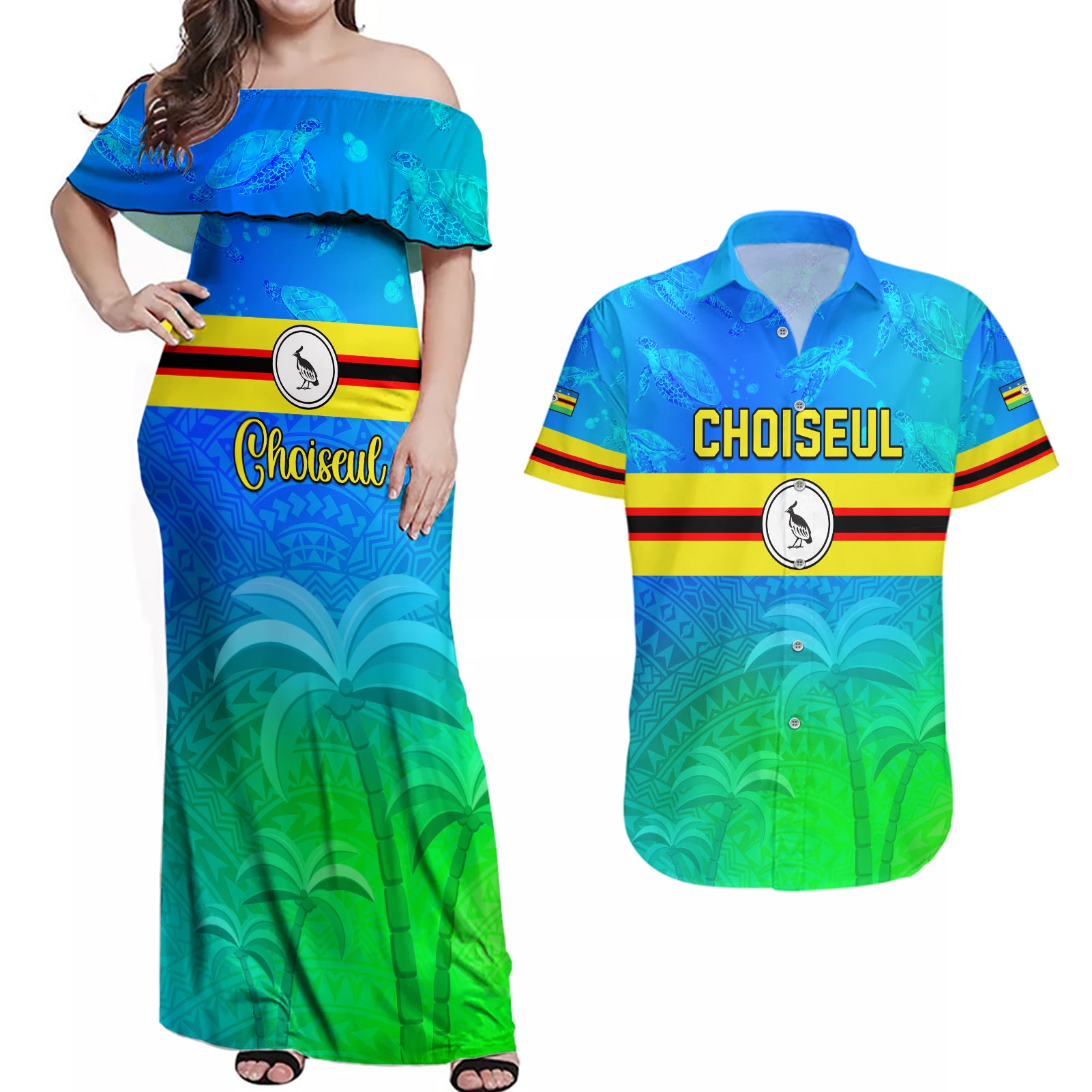 Personalised Solomon Islands Choiseul Province Day Couples Matching Off Shoulder Maxi Dress and Hawaiian Shirt Sea Turtle Tribal Pattern LT05 Blue - Polynesian Pride