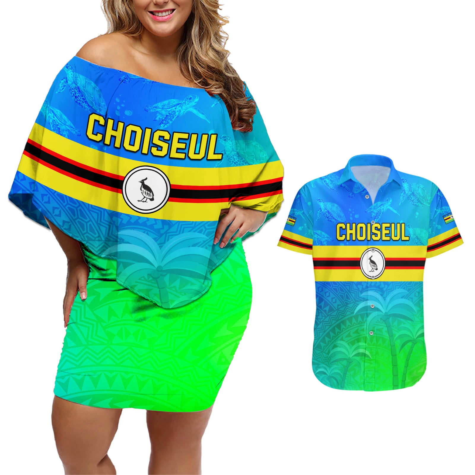 Personalised Solomon Islands Choiseul Province Day Couples Matching Off Shoulder Short Dress and Hawaiian Shirt Sea Turtle Tribal Pattern LT05 Blue - Polynesian Pride