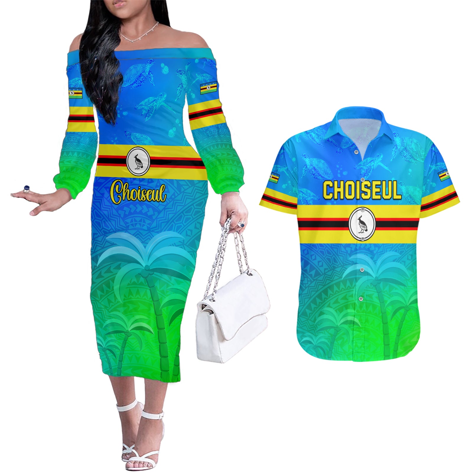 Personalised Solomon Islands Choiseul Province Day Couples Matching Off The Shoulder Long Sleeve Dress and Hawaiian Shirt Sea Turtle Tribal Pattern LT05 Blue - Polynesian Pride