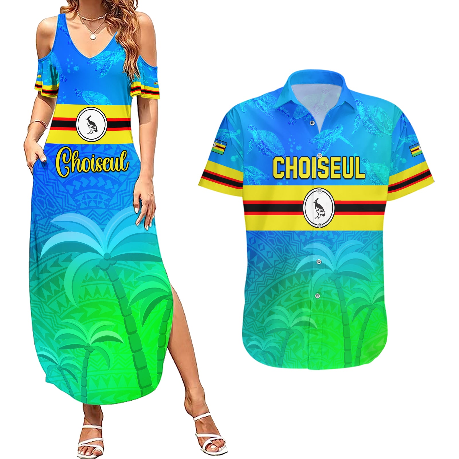 Personalised Solomon Islands Choiseul Province Day Couples Matching Summer Maxi Dress and Hawaiian Shirt Sea Turtle Tribal Pattern LT05 Blue - Polynesian Pride