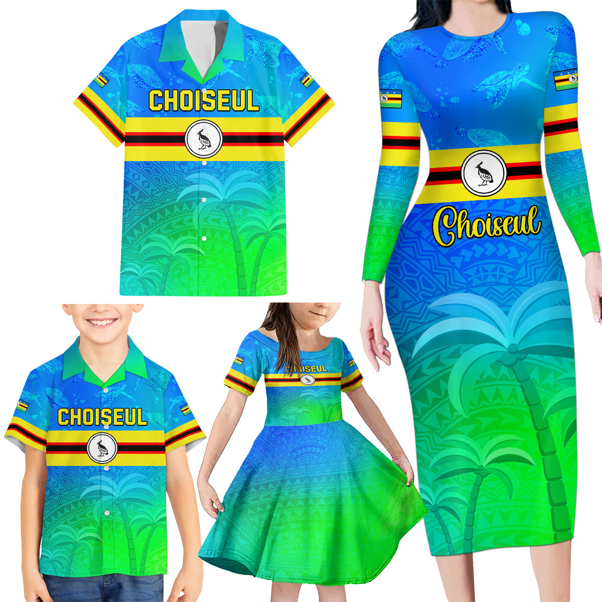 Personalised Solomon Islands Choiseul Province Day Family Matching Long Sleeve Bodycon Dress and Hawaiian Shirt Sea Turtle Tribal Pattern LT05 - Polynesian Pride