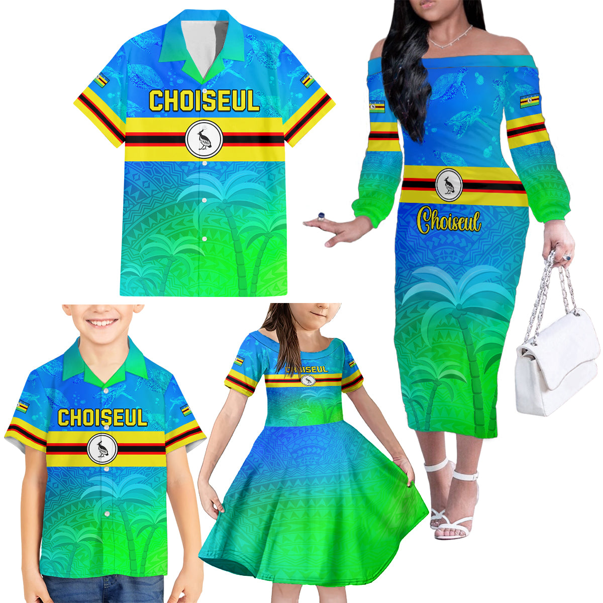 Personalised Solomon Islands Choiseul Province Day Family Matching Off Shoulder Long Sleeve Dress and Hawaiian Shirt Sea Turtle Tribal Pattern LT05 - Polynesian Pride