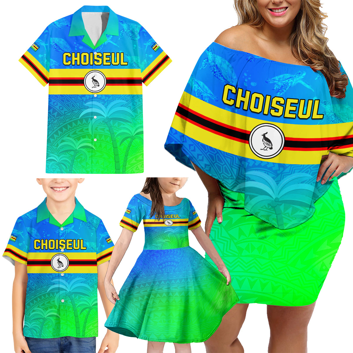 Personalised Solomon Islands Choiseul Province Day Family Matching Off Shoulder Short Dress and Hawaiian Shirt Sea Turtle Tribal Pattern LT05 - Polynesian Pride