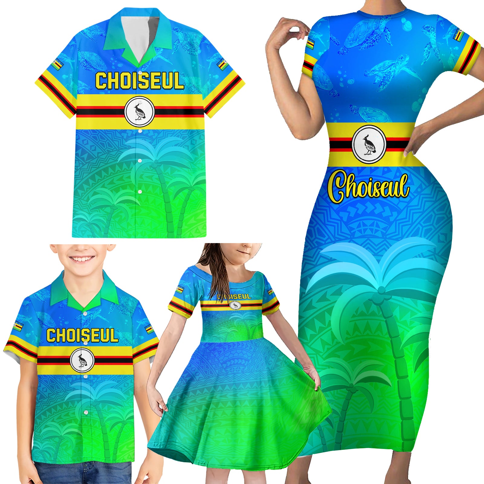 Personalised Solomon Islands Choiseul Province Day Family Matching Short Sleeve Bodycon Dress and Hawaiian Shirt Sea Turtle Tribal Pattern LT05 - Polynesian Pride