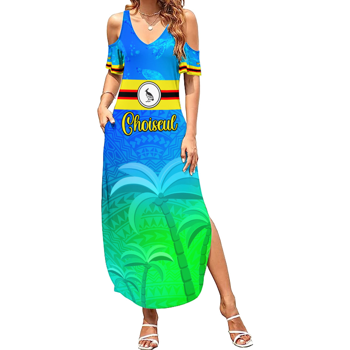 Personalised Solomon Islands Choiseul Province Day Family Matching Summer Maxi Dress and Hawaiian Shirt Sea Turtle Tribal Pattern LT05 Mom's Dress Blue - Polynesian Pride