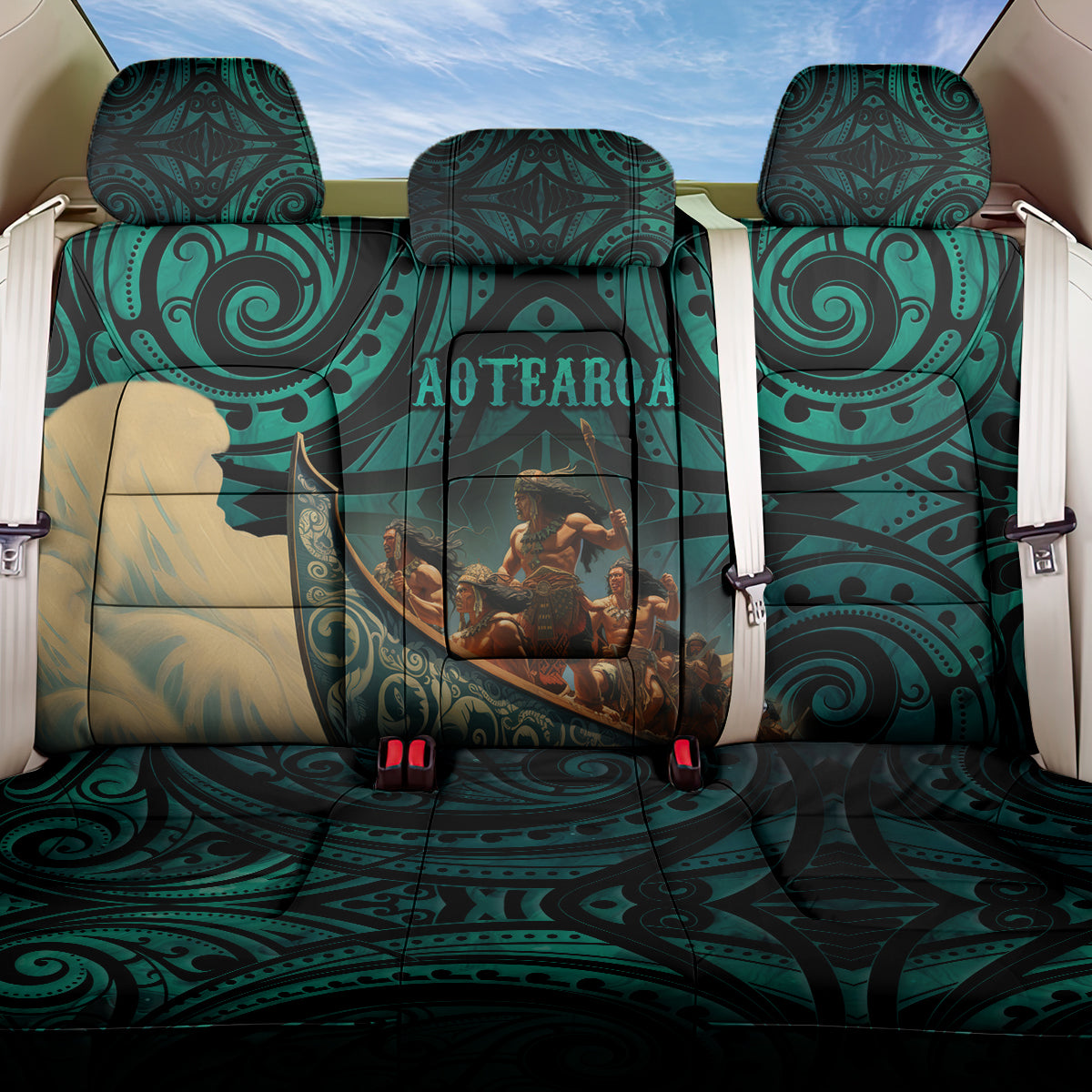 New Zealand Tamaki Herenga Waka Festival Back Car Seat Cover Maori Pattern LT05 One Size Dark Turquoise - Polynesian Pride