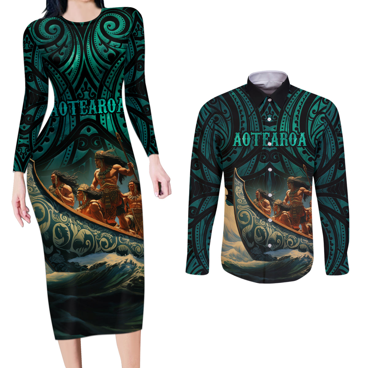 Personalised New Zealand Tamaki Herenga Waka Festival Couples Matching Long Sleeve Bodycon Dress and Long Sleeve Button Shirt Maori Pattern LT05 Dark Turquoise - Polynesian Pride