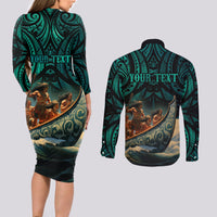 Personalised New Zealand Tamaki Herenga Waka Festival Couples Matching Long Sleeve Bodycon Dress and Long Sleeve Button Shirt Maori Pattern LT05 - Polynesian Pride