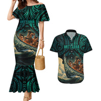 Personalised New Zealand Tamaki Herenga Waka Festival Couples Matching Mermaid Dress and Hawaiian Shirt Maori Pattern LT05 Dark Turquoise - Polynesian Pride