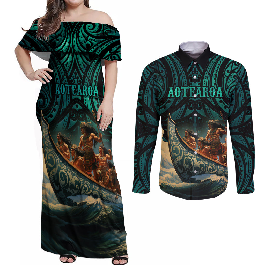 Personalised New Zealand Tamaki Herenga Waka Festival Couples Matching Off Shoulder Maxi Dress and Long Sleeve Button Shirt Maori Pattern LT05 Dark Turquoise - Polynesian Pride