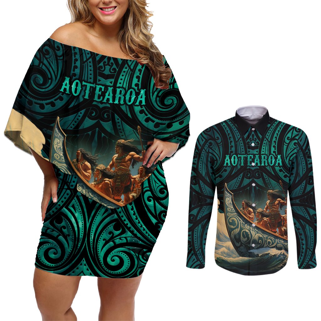 Personalised New Zealand Tamaki Herenga Waka Festival Couples Matching Off Shoulder Short Dress and Long Sleeve Button Shirt Maori Pattern LT05 Dark Turquoise - Polynesian Pride