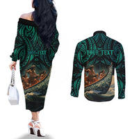 Personalised New Zealand Tamaki Herenga Waka Festival Couples Matching Off The Shoulder Long Sleeve Dress and Long Sleeve Button Shirt Maori Pattern LT05 - Polynesian Pride