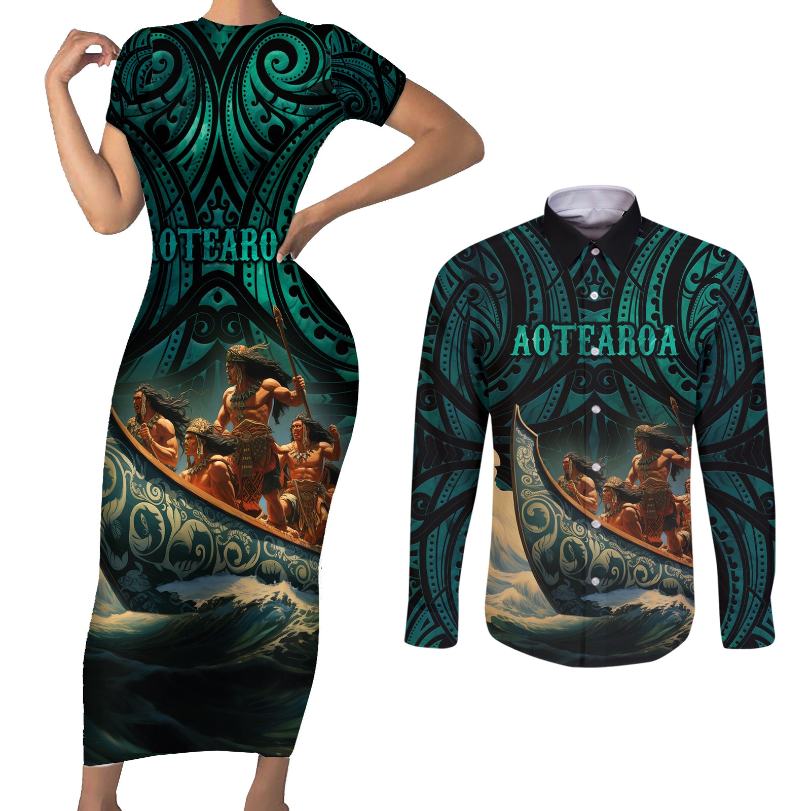 Personalised New Zealand Tamaki Herenga Waka Festival Couples Matching Short Sleeve Bodycon Dress and Long Sleeve Button Shirt Maori Pattern LT05 Dark Turquoise - Polynesian Pride