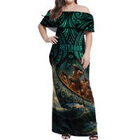 Personalised New Zealand Tamaki Herenga Waka Festival Off Shoulder Maxi Dress Maori Pattern LT05 Women Dark Turquoise - Polynesian Pride