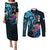 Personalised FSM Culture Day Couples Matching Puletasi and Long Sleeve Button Shirt Tropical Flowers Tribal Pattern LT05 Blue - Polynesian Pride