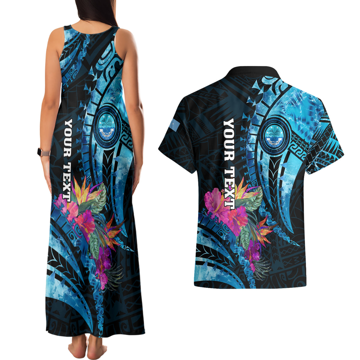 Personalised FSM Culture Day Couples Matching Tank Maxi Dress and Hawaiian Shirt Tropical Flowers Tribal Pattern LT05 - Polynesian Pride