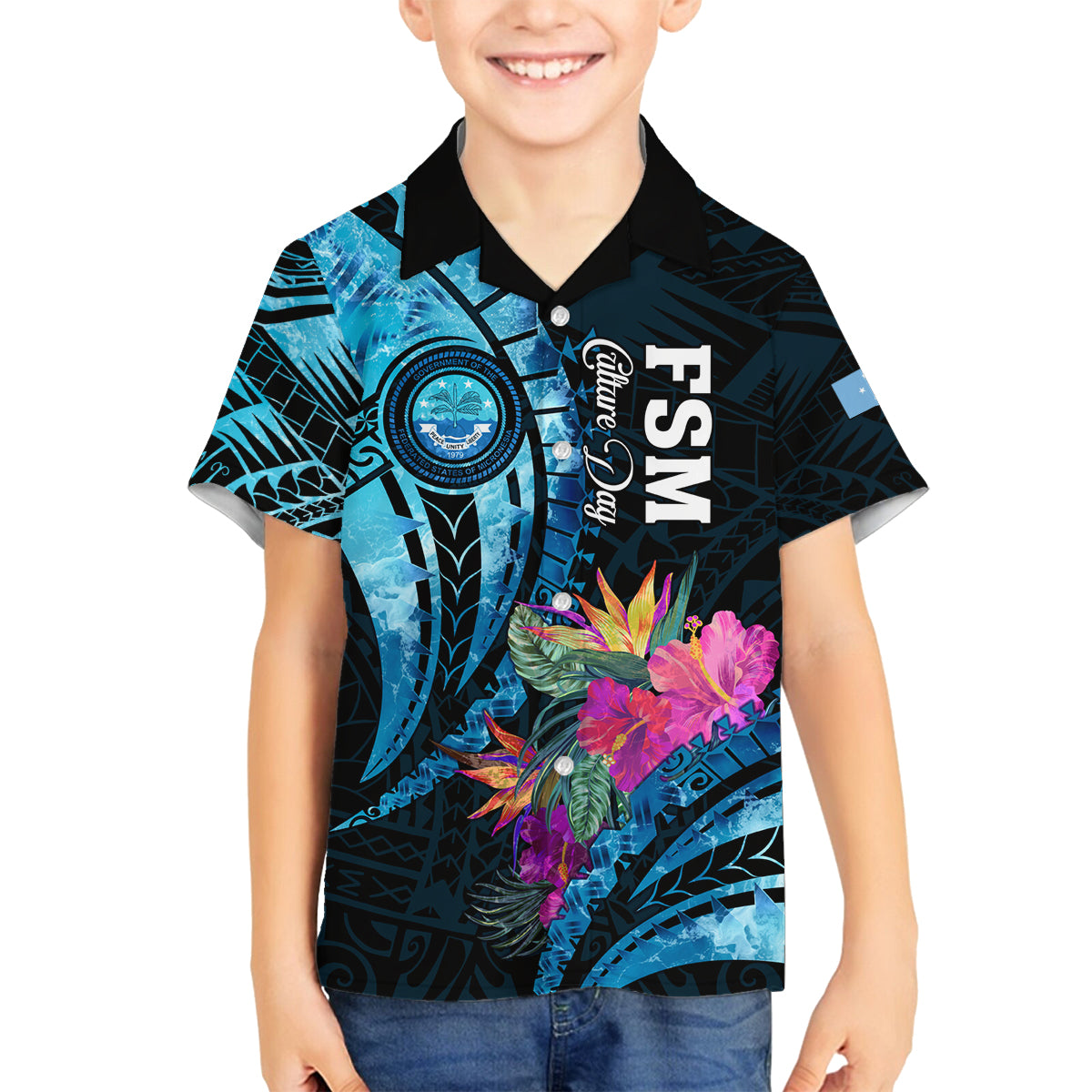Personalised FSM Culture Day Family Matching Off Shoulder Maxi Dress and Hawaiian Shirt Tropical Flowers Tribal Pattern LT05 Son's Shirt Blue - Polynesian Pride
