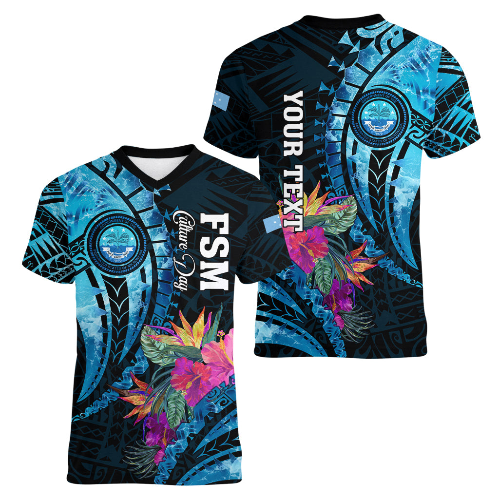 Personalised FSM Culture Day Women V Neck T Shirt Tropical Flowers Tribal Pattern LT05 - Polynesian Pride