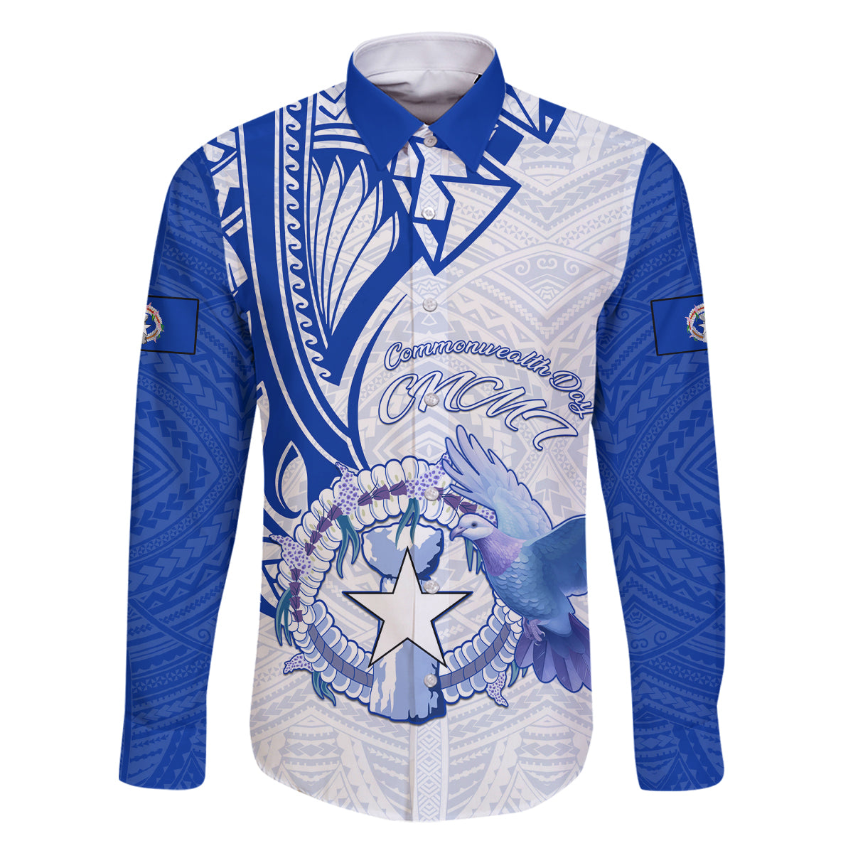 Personalised Northern Mariana Islands Commonwealth Day Family Matching Off Shoulder Long Sleeve Dress and Hawaiian Shirt Simple Style LT05 Dad's Shirt - Long Sleeve Blue - Polynesian Pride