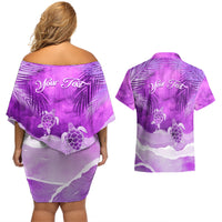 Personalised Pasifika Festival Couples Matching Off Shoulder Short Dress and Hawaiian Shirt Violet Tropical Turtle LT05 - Polynesian Pride