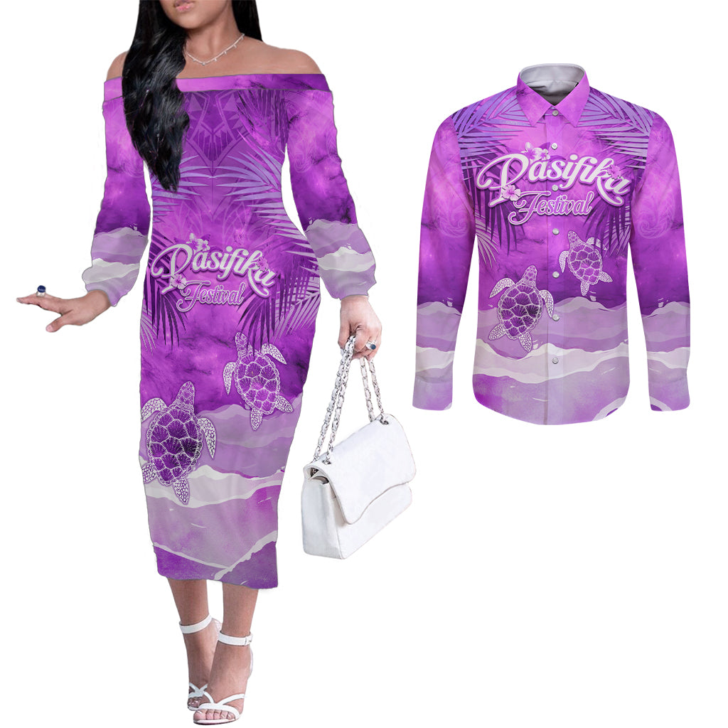 Personalised Pasifika Festival Couples Matching Off The Shoulder Long Sleeve Dress and Long Sleeve Button Shirt Violet Tropical Turtle LT05 Violet - Polynesian Pride
