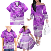 Personalised Pasifika Festival Family Matching Off Shoulder Long Sleeve Dress and Hawaiian Shirt Violet Tropical Turtle LT05 - Polynesian Pride