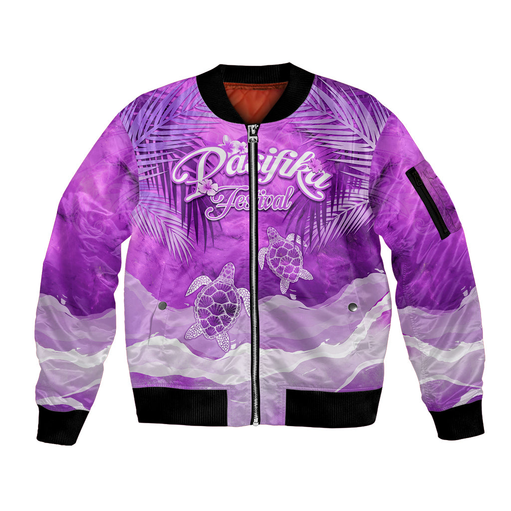 Personalised Pasifika Festival Sleeve Zip Bomber Jacket Violet Tropical Turtle LT05 Unisex Violet - Polynesian Pride