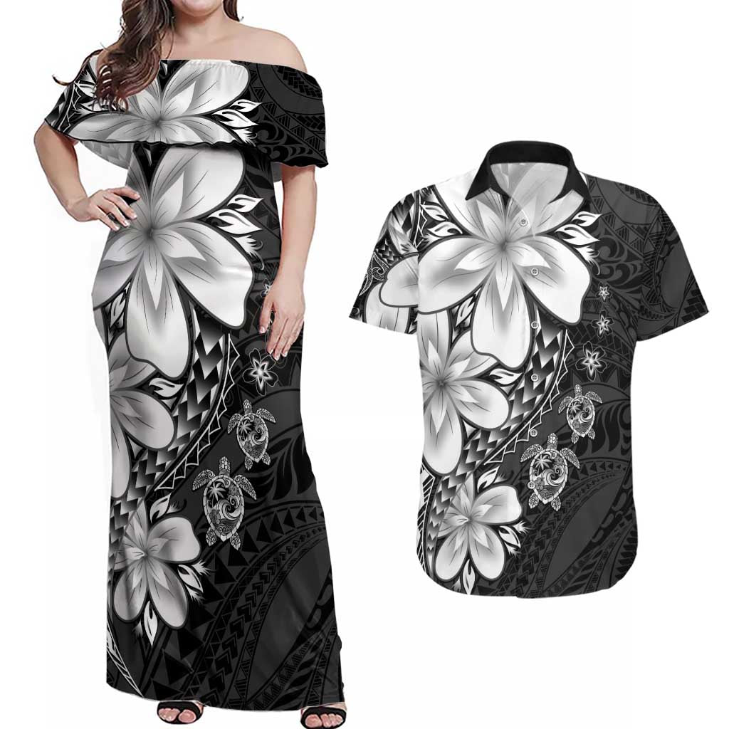 Polynesia Romantic Valentine Couples Matching Off Shoulder Maxi Dress and Hawaiian Shirt Sea Turtle Couple With Black Plumeria