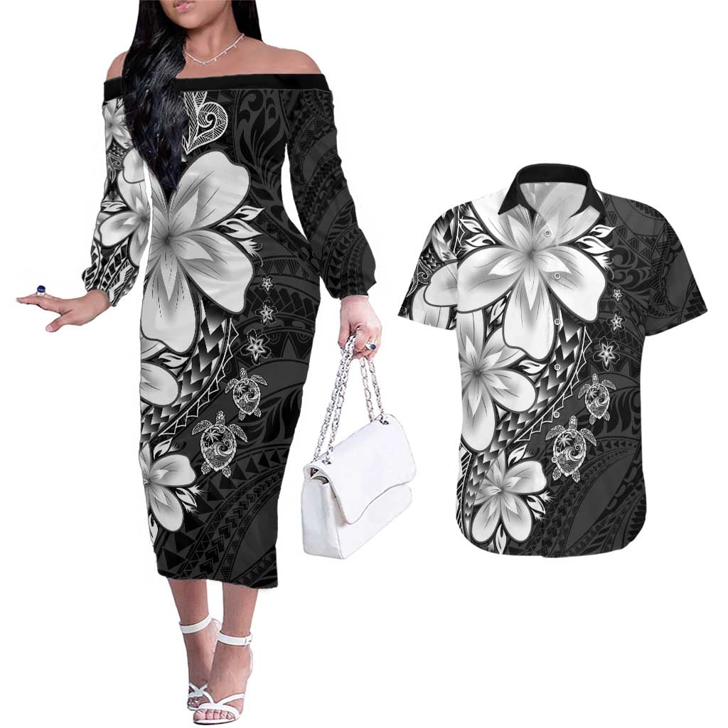Polynesia Romantic Valentine Couples Matching Off The Shoulder Long Sleeve Dress and Hawaiian Shirt Sea Turtle Couple With Black Plumeria