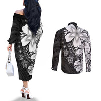 Polynesia Romantic Valentine Couples Matching Off The Shoulder Long Sleeve Dress and Long Sleeve Button Shirt Sea Turtle Couple With Black Plumeria