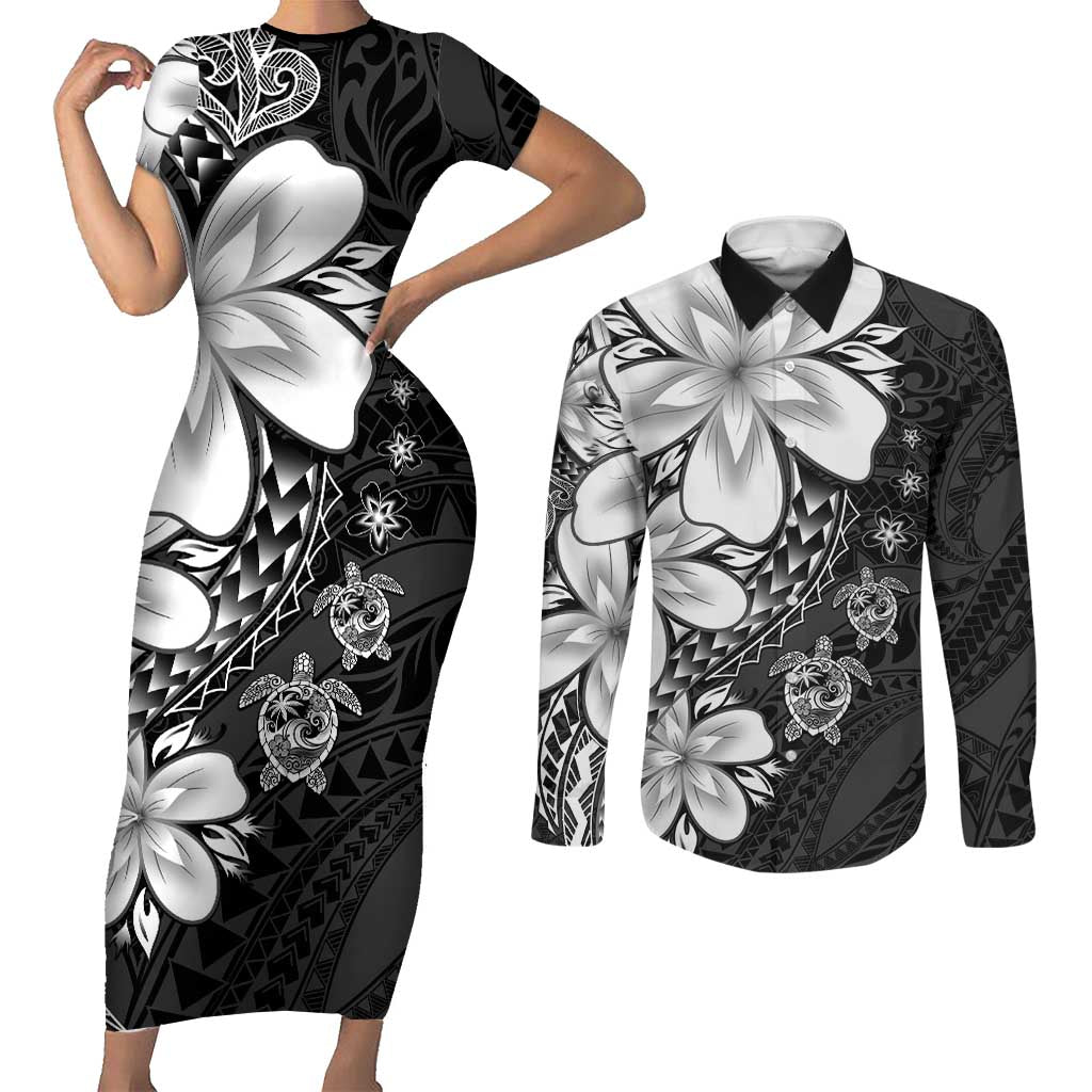 Polynesia Romantic Valentine Couples Matching Short Sleeve Bodycon Dress and Long Sleeve Button Shirt Sea Turtle Couple With Black Plumeria