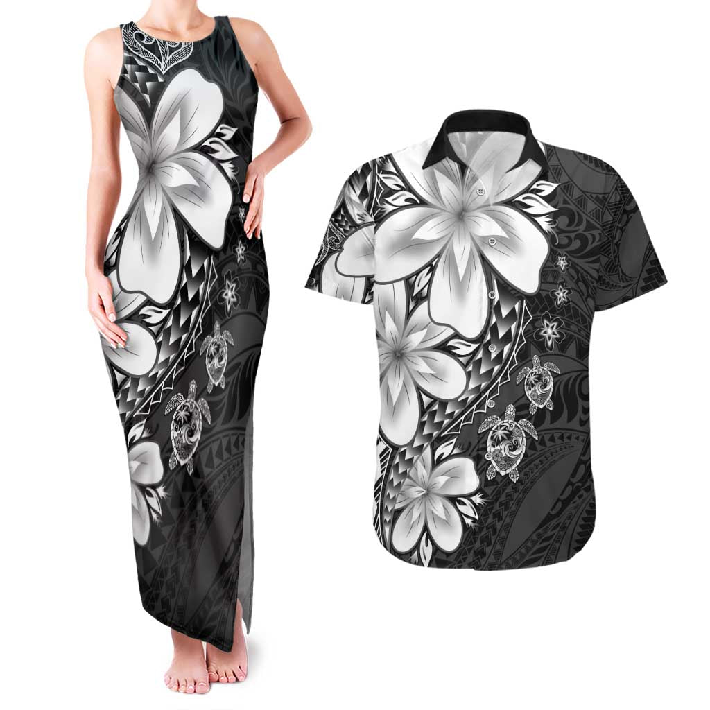 Polynesia Romantic Valentine Couples Matching Tank Maxi Dress and Hawaiian Shirt Sea Turtle Couple With Black Plumeria