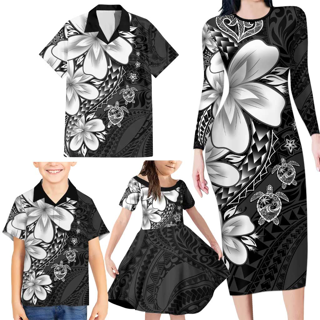 Polynesia Romantic Valentine Family Matching Long Sleeve Bodycon Dress and Hawaiian Shirt Sea Turtle Couple With Black Plumeria
