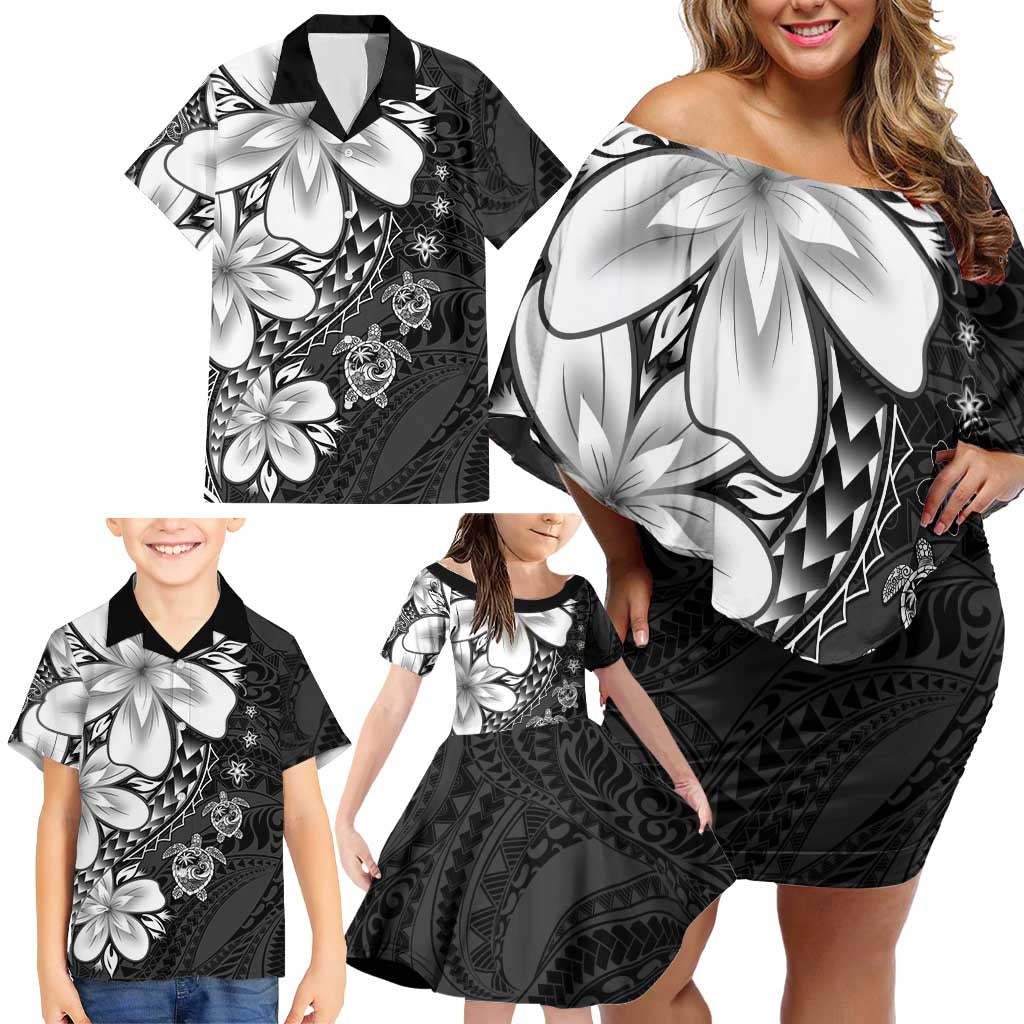 Polynesia Romantic Valentine Family Matching Off Shoulder Short Dress and Hawaiian Shirt Sea Turtle Couple With Black Plumeria